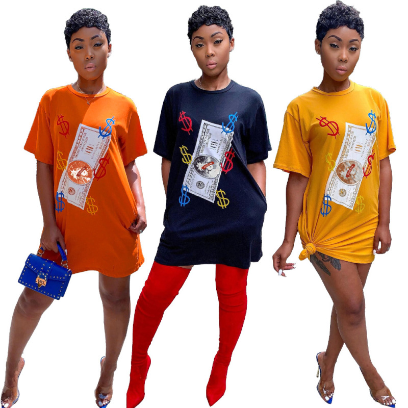 Woman Fashion Dollar Print Casual Dress Black Orange Yellow S-XL