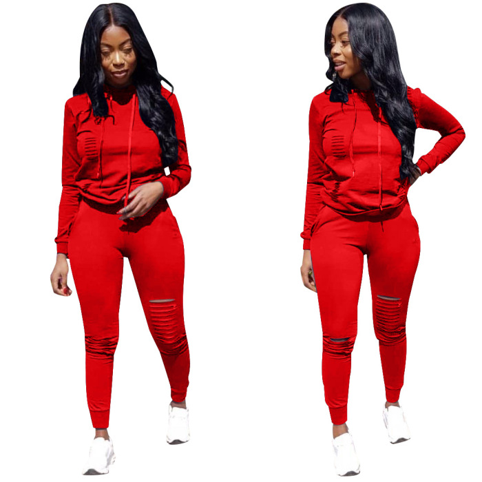 Women Casual Long Sleeve Hoodies Hole Pants Sportwear Two pieces Outfit Yellow Red Black Dark Blue Royal Blue Wine Red S-XXXL