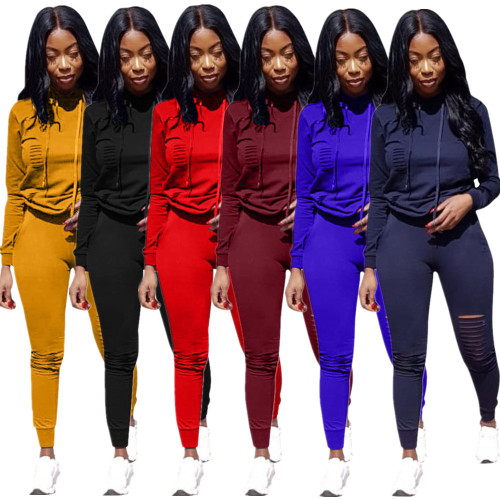 Women Casual Long Sleeve Hoodies Hole Pants Sportwear Two pieces Outfit Yellow Red Black Dark Blue Royal Blue Wine Red S-XXXL