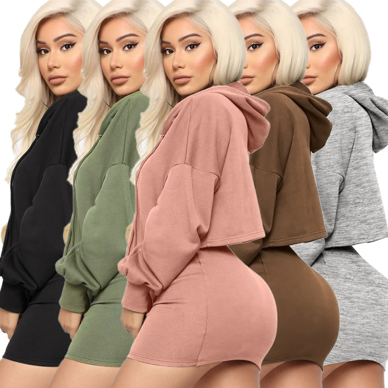 Women Hot Sell Long Sleeve Hoodies Crop Tops Mini Dress Two pieces Outfit Pink Black Coffee Green Gray S-XL