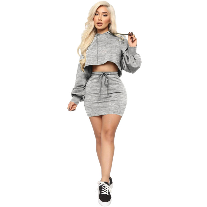 Women Hot Sell Long Sleeve Hoodies Crop Tops Mini Dress Two pieces Outfit Pink Black Coffee Green Gray S-XL