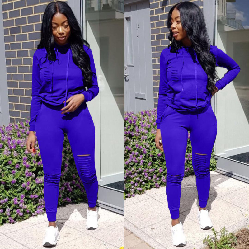 Women Casual Long Sleeve Hoodies Hole Pants Sportwear Two pieces Outfit Yellow Red Black Dark Blue Royal Blue Wine Red S-XXXL
