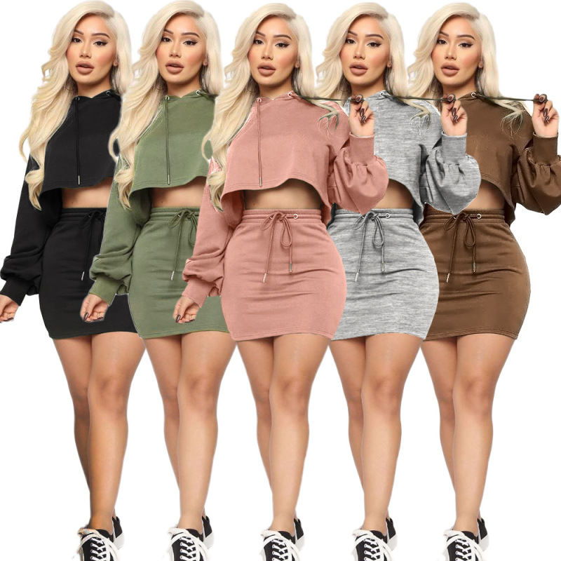Women Hot Sell Long Sleeve Hoodies Crop Tops Mini Dress Two pieces Outfit Pink Black Coffee Green Gray S-XL
