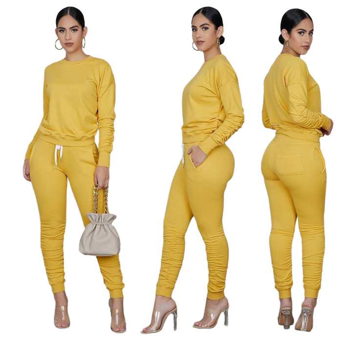 Lady Hot Selling Long Sleeve Solid Color Sport suit Two pieces Outfit Yellow Red Gray Black Blue Light Blue Rose Red S-XXL