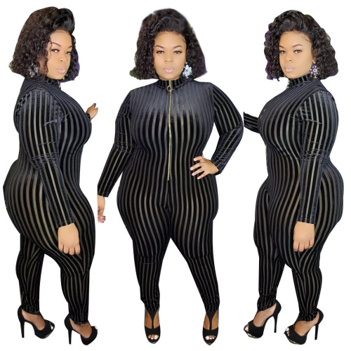 Plus Size Women Stripe Sexy Tight Jumpsuit Black XL-5XL