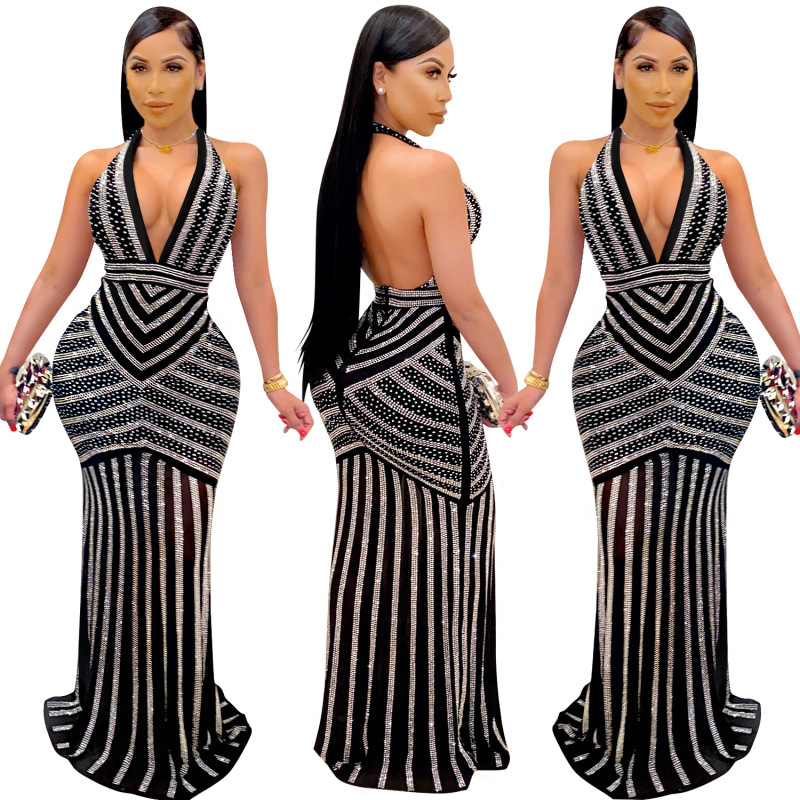 Diamond Women Open Back Black Evening Long Dress S-XXL