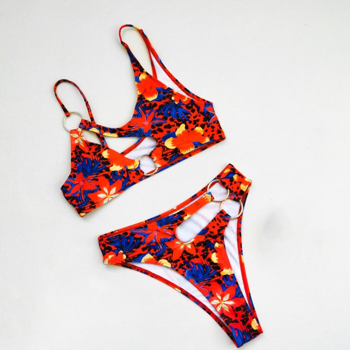 Sexy Cheeky Tie Dye Bikini High Cut Swimsuit With Ring Hoop Women 2021 Bandage Swimwear Swim Beach Wear Bath Suit Two Piece Set