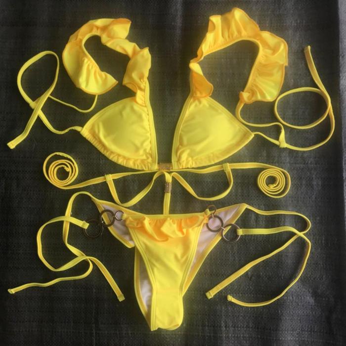 Sexy Bikini Set Solid Ruffled Bikini Mujer Summer Micro Swimwear Women Cross Bandage Strappy Swimsuit Brazilian Thong Biquini