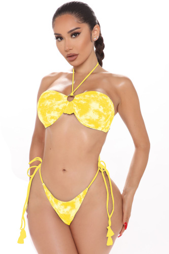 2021 New Bikini Tube Top Shoulder Neck Tie Ink Dye Printing Sexy Swimsuit Women Wholesale Swimwear