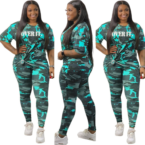 Women Plus Size Camouflage  Letter Printing Two Piece Set Yellow Purple Green Red Blue XL-4XL