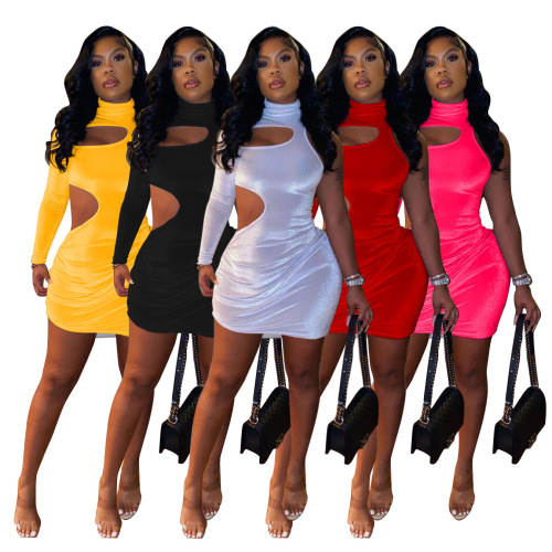 High Neck Women Party Sexy Single Shoulder Dress White Yellow Red Black Rosy S-XXL