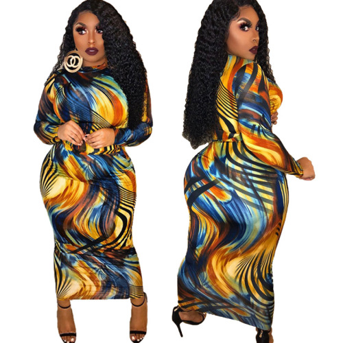 Women Hot Sale Printing Long Sleeve Maxi Bodycon Dress Brown S-2XL