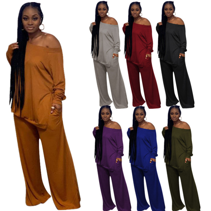 Women Casual Slash Neck Long Sleeve Loose Two pieces Outfit Black Orange Wine Red Purple Gray Army Green Blue S-3XL