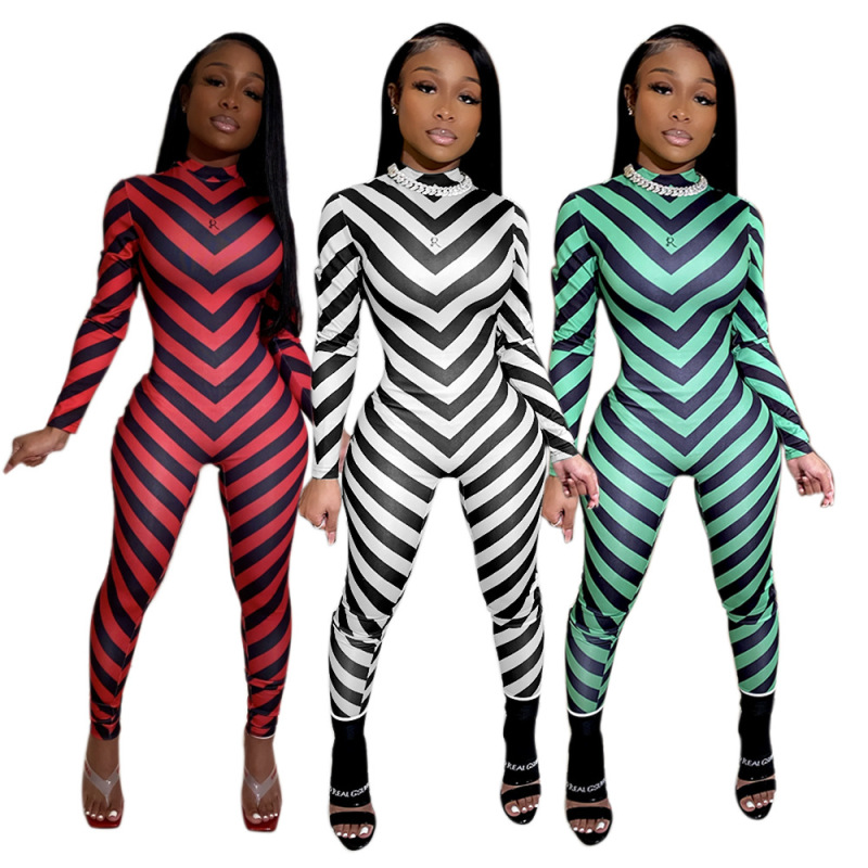 Women Fashhion Stripe Turtleneck Slim Jumpsuit White Red Green S-2XL