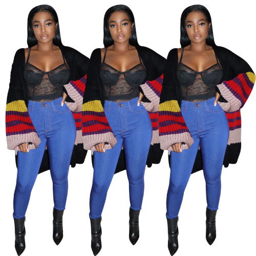 Women Colorblock Long Sleeve Stylish Outwear Sweater Cardigan Black S-XL