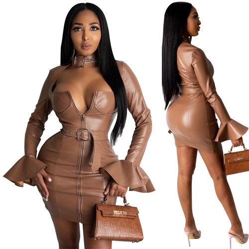 Women Sexy Slim Deep V-Neck Leather Dress Khaki S-XL 