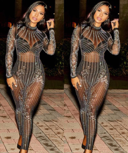 Women Hot Selling Shining Rhinestone Long Sleeve Mesh See Through Club Party Wear Jumpsuits White Black Apricot S-XL