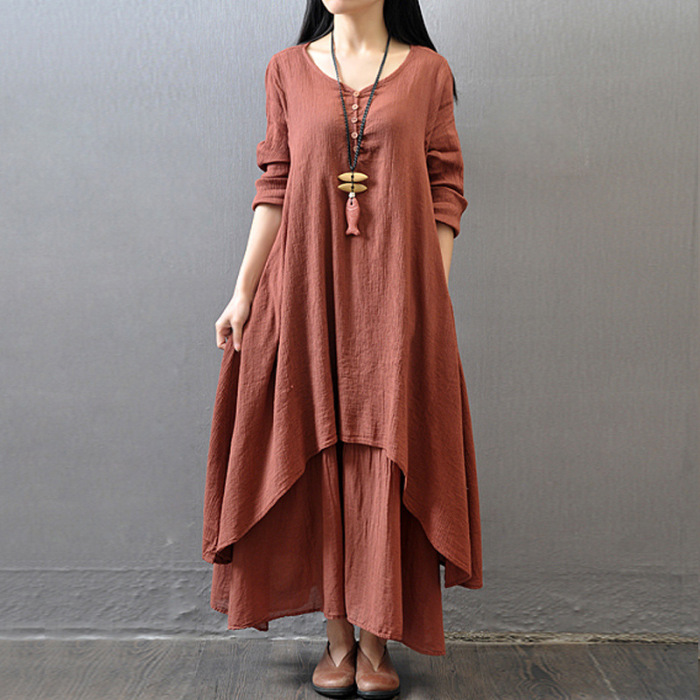 Women Solid Color Long Sleeve Boho Dress Casual Irregular Maxi Dresses White Black Red Yellow M-5XL
