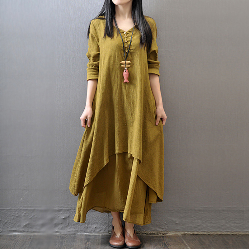 Women Solid Color Long Sleeve Boho Dress Casual Irregular Maxi Dresses White Black Red Yellow M-5XL