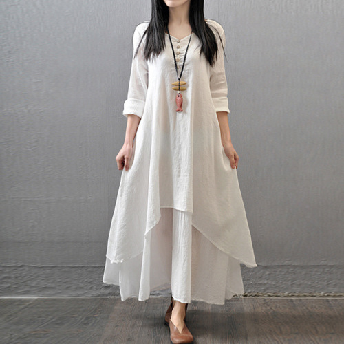Women Solid Color Long Sleeve Boho Dress Casual Irregular Maxi Dresses White Black Red Yellow M-5XL