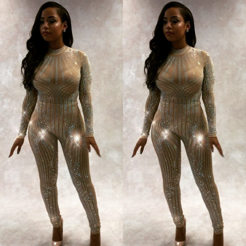 Women Hot Selling Shining Rhinestone Long Sleeve Mesh See Through Club Party Wear Jumpsuits White Black Apricot S-XL