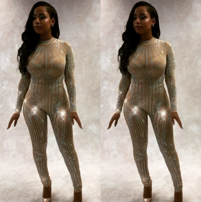 Women Hot Selling Shining Rhinestone Long Sleeve Mesh See Through Club Party Wear Jumpsuits White Black Apricot S-XL
