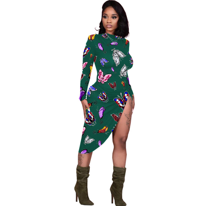 Women Buttlerfly Printing Long Sleeve O-Neck High Slit Casual Dress Blue Black Green Red Rose Red S-XXL