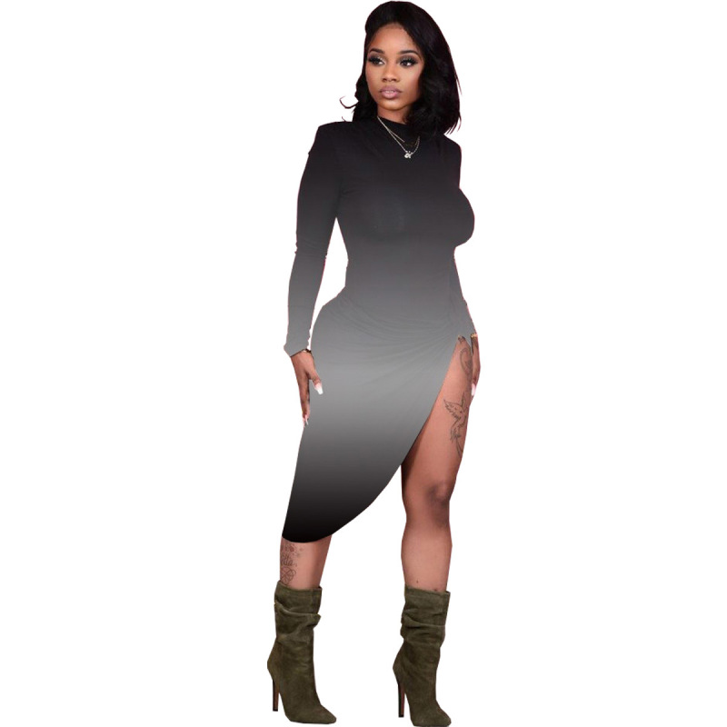 Lady Sexy Style Tie-dye High Slit Long Sleeve Irregular Dress Black Blue Red Rose Red S-2XL