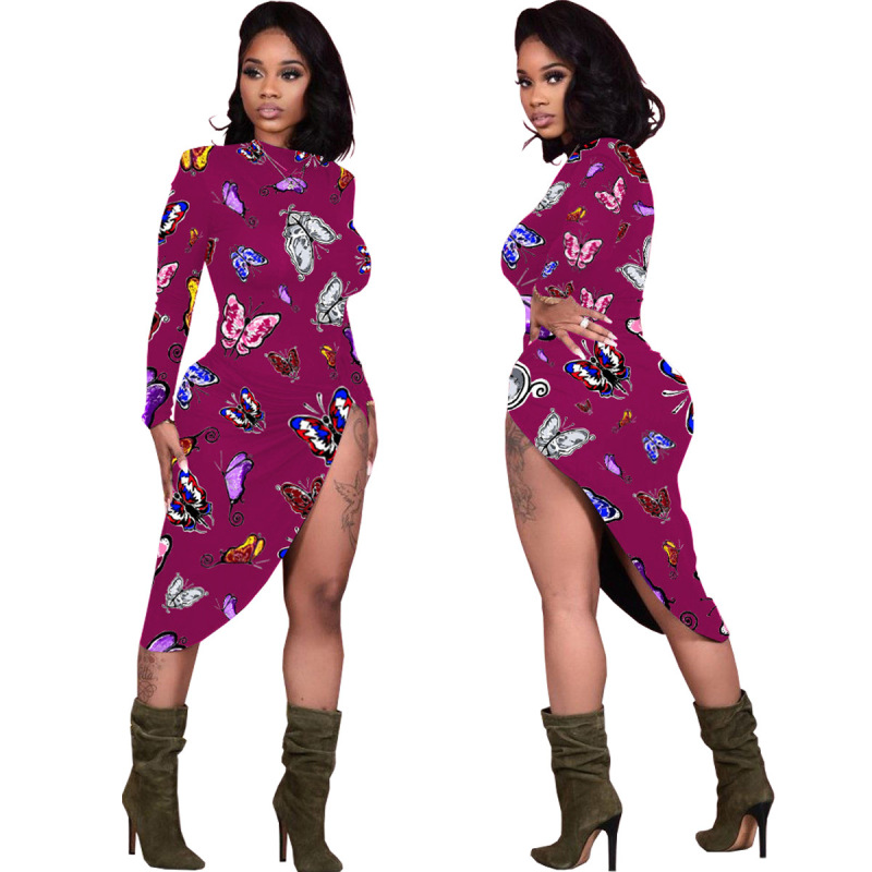 Women Buttlerfly Printing Long Sleeve O-Neck High Slit Casual Dress Blue Black Green Red Rose Red S-XXL