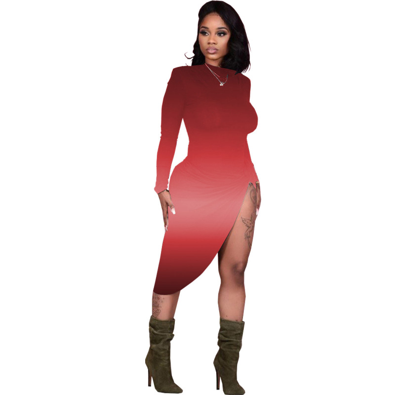 Lady Sexy Style Tie-dye High Slit Long Sleeve Irregular Dress Black Blue Red Rose Red S-2XL