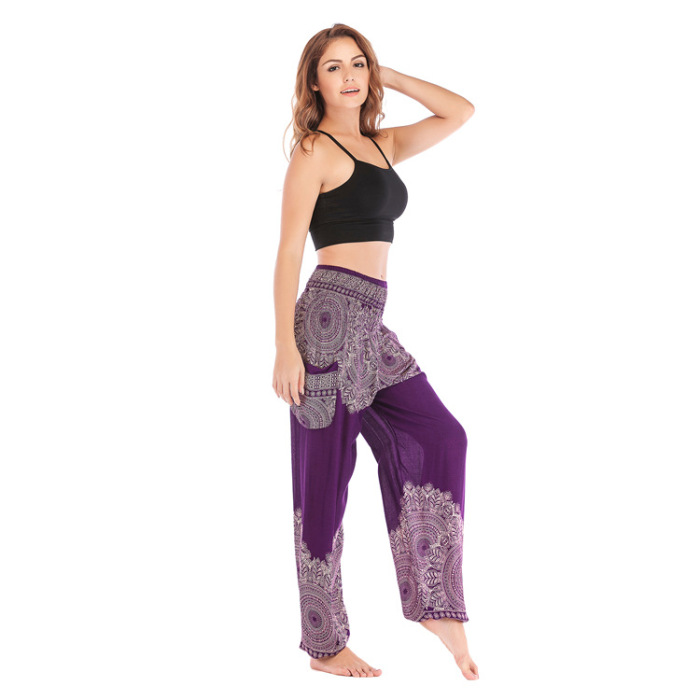 Women Hot Sale Boho Printing Loose Traditional Yoga Pants Bloomers Black Wine Red Green Dark Blue Purple Dark Green One Size