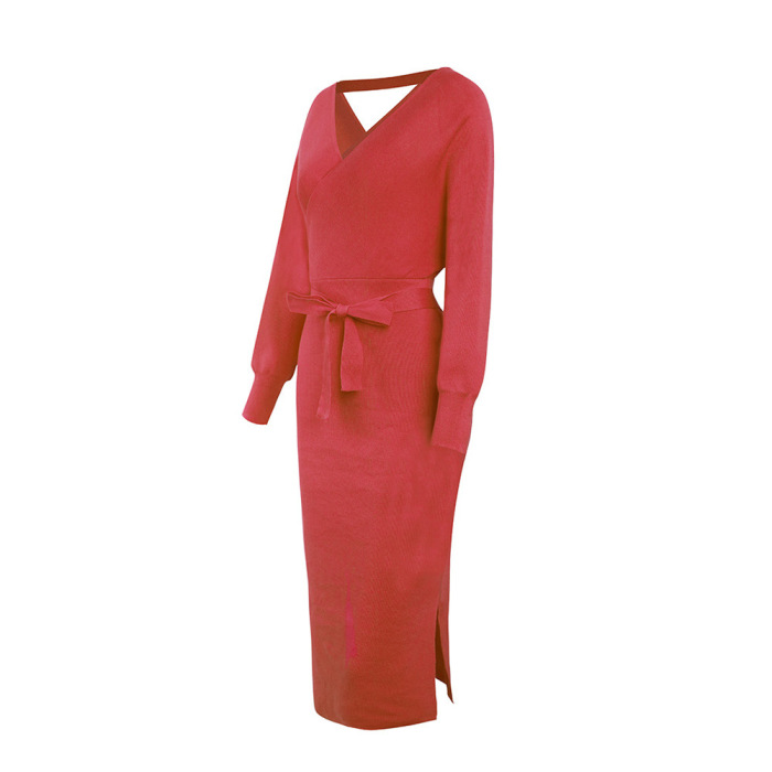 Lady Elegant V-Neck Long Sleeve Knit Sweater Dress Khaki Black Gray Red Rose Red S-XL