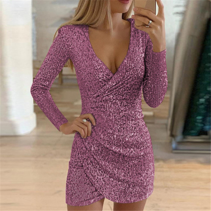 Women Slim V-Neck Solid Color One Piece Dress Wine Red Purple Silver Gray Green Black Yellow S-2XL