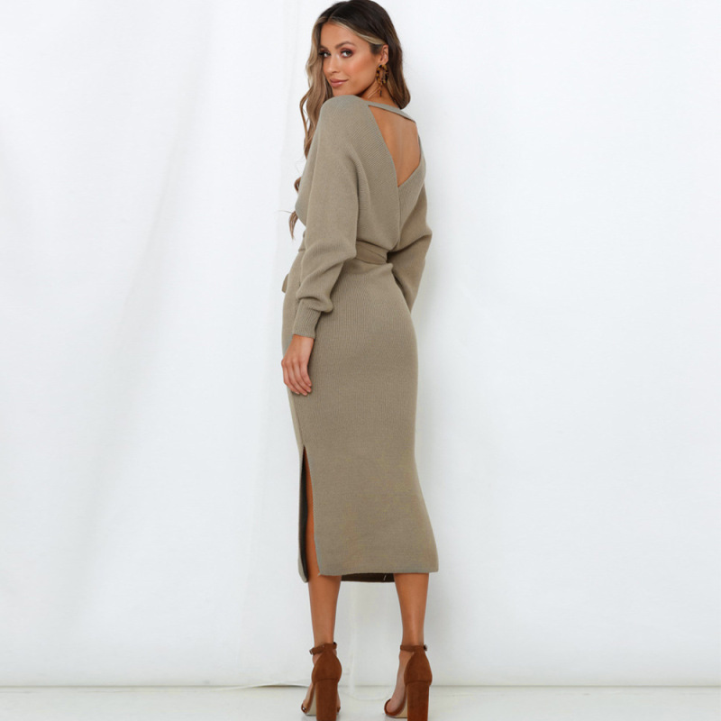 Lady Elegant V-Neck Long Sleeve Knit Sweater Dress Khaki Black Gray Red Rose Red S-XL