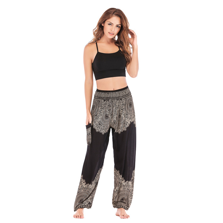 Women Hot Sale Boho Printing Loose Traditional Yoga Pants Bloomers Black Wine Red Green Dark Blue Purple Dark Green One Size