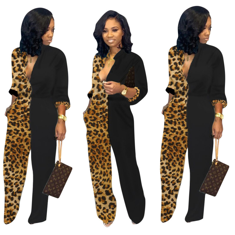 Lady Trendy Leopard Colorblock V-Neck Long Sleeve Shirts Autumn Jumpsuits White Black Blue S-XXL