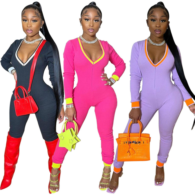 Women Print V-Neck Colorblock Jumpsuit Black Rose Red Purple S-XL