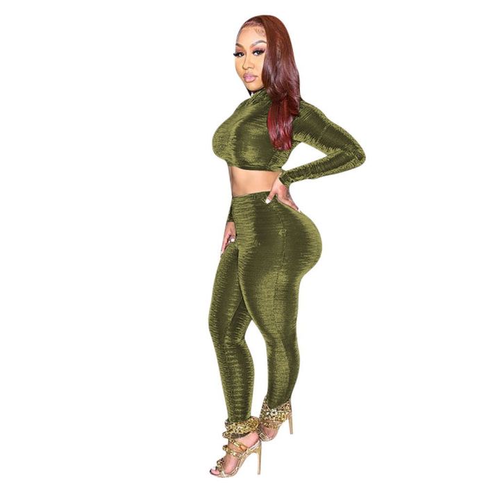 Women Stylish Shining High Neck Long Sleeve Crop Tops Slim Pants Sexy Two pieces Outfit Army Green Blue S-XXL