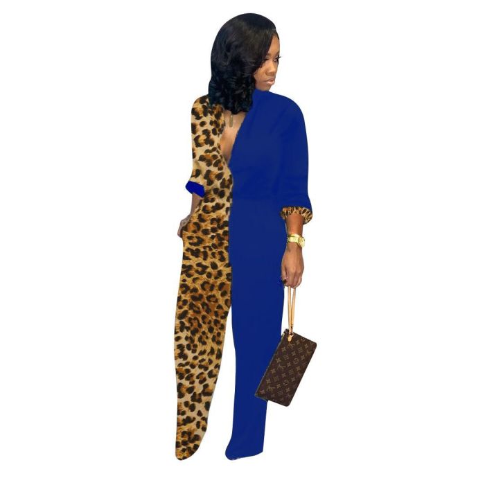 Lady Trendy Leopard Colorblock V-Neck Long Sleeve Shirts Autumn Jumpsuits White Black Blue S-XXL