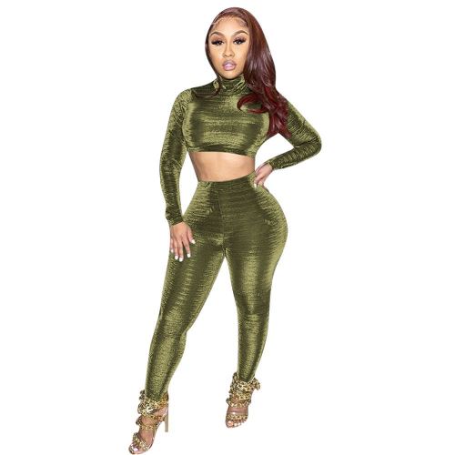 Women Stylish Shining High Neck Long Sleeve Crop Tops Slim Pants Sexy Two pieces Outfit Army Green Blue S-XXL