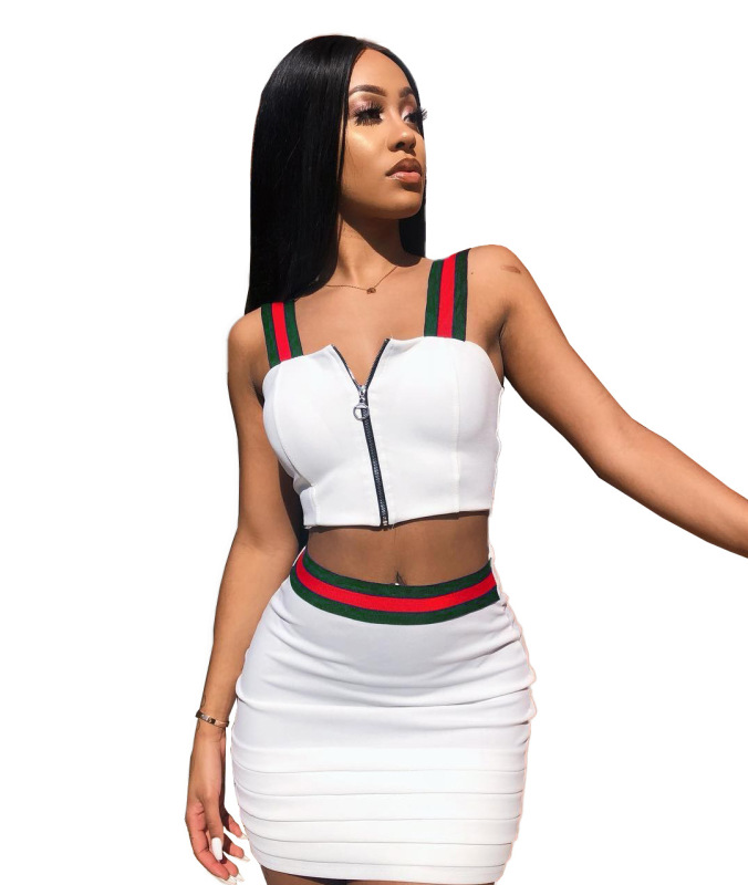 Women Sexy Sleeveless Square Neck Zipper Tops Mini Skirt  Two pieces Outfit White Red Black Purple Yellow Green Blue S-3XL