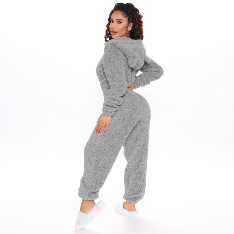 Hot Sale Women Solid Color Lambswool Warn Winter Long Sleeve Ear Hoodies Homewear Jumpsuits White Red Gray Black Pink Blue Brown S-XXL