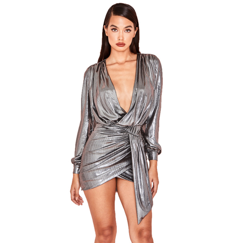 Women Sexy Shining Deep V-Neck Long Sleeve Mini Wrap Dress Beige Silver Purple Dark Blue Rose Gold Green XS-XXL