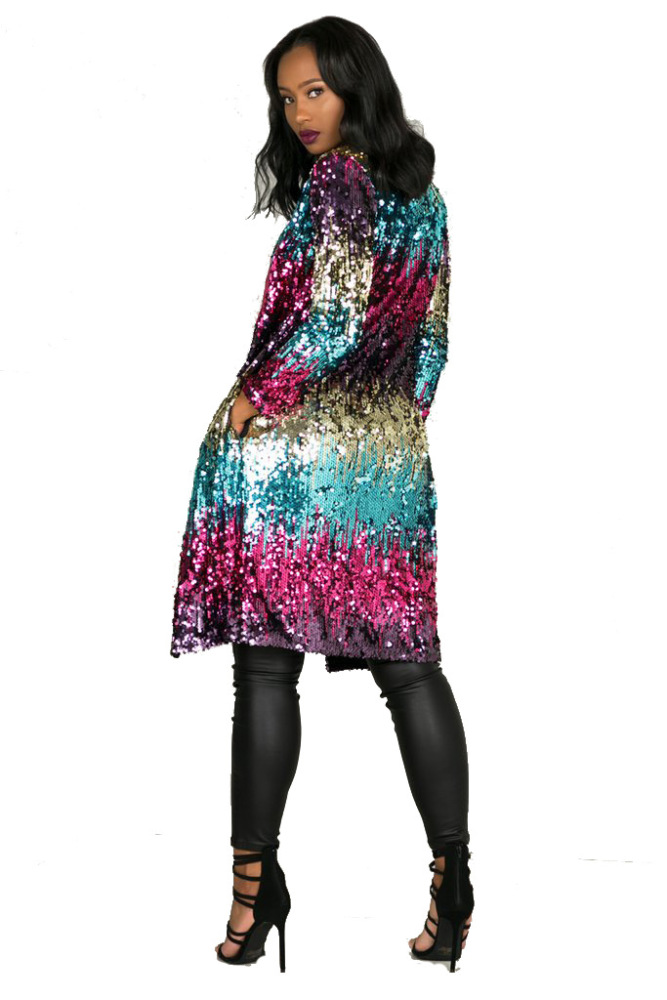 Women Hot Sale Colourful Sequin Long Sleeve Long Coat S-XL