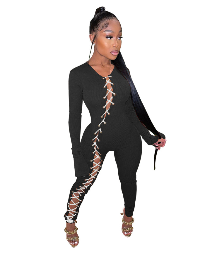 Women Solid Color Sexy Strappy Jumpsuit Black Red S-2XL