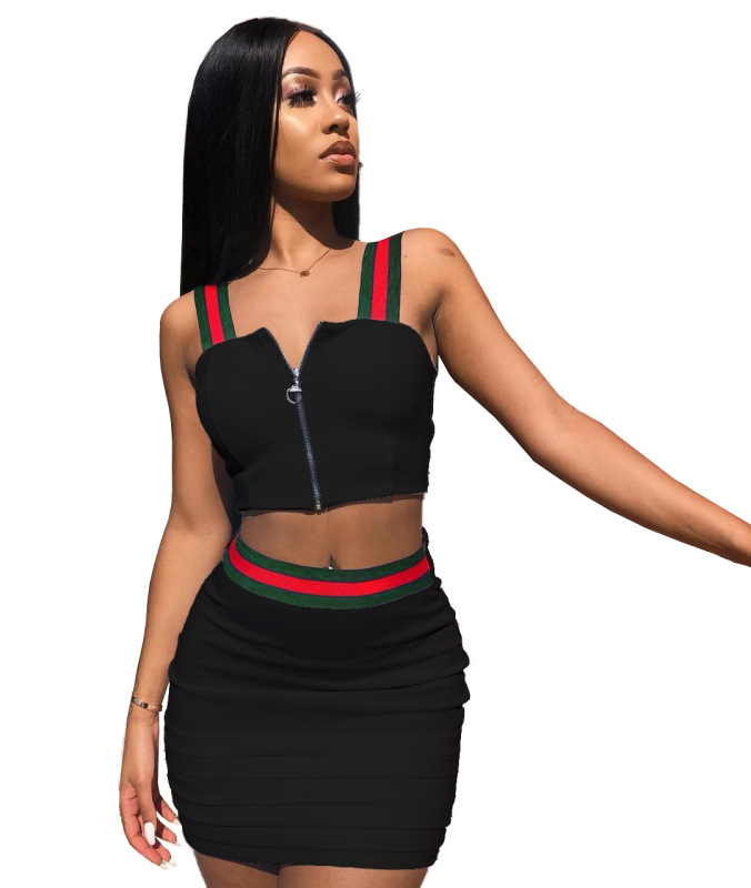 Women Sexy Sleeveless Square Neck Zipper Tops Mini Skirt  Two pieces Outfit White Red Black Purple Yellow Green Blue S-3XL