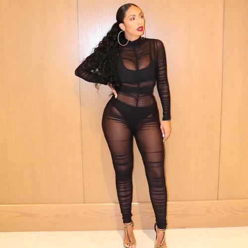 Women Black Sexy See Through Ruched Long Sleeve Jumpsuits S-2XL