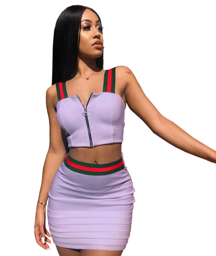 Women Sexy Sleeveless Square Neck Zipper Tops Mini Skirt  Two pieces Outfit White Red Black Purple Yellow Green Blue S-3XL