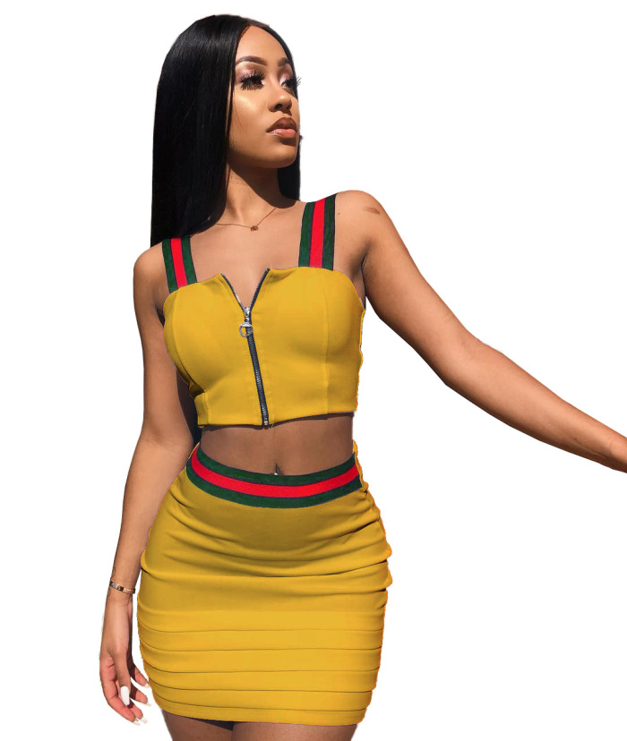 Women Sexy Sleeveless Square Neck Zipper Tops Mini Skirt  Two pieces Outfit White Red Black Purple Yellow Green Blue S-3XL