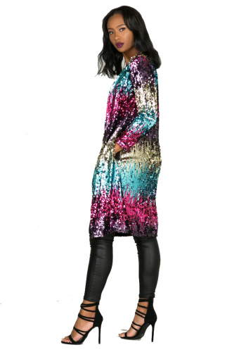 Women Hot Sale Colourful Sequin Long Sleeve Long Coat S-XL